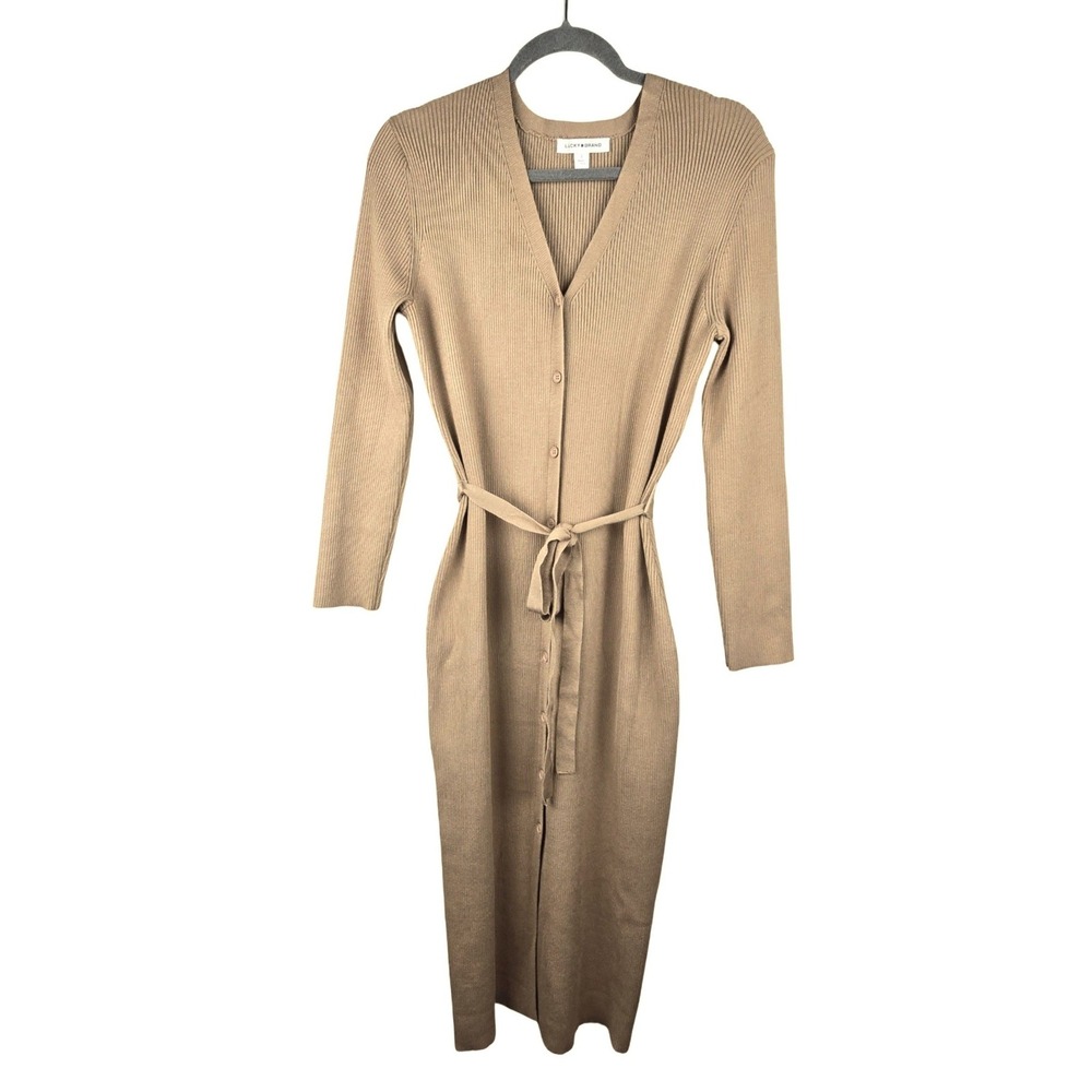 Lucky Brand Ribbed Knit Midi Dress Women Large Tan Quiet Luxury Minimalist
